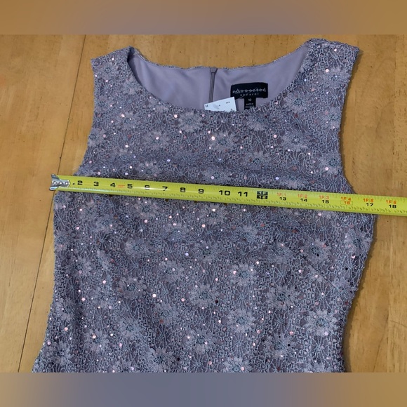 New CONNECTED APPAREL Gray Lace Pink Shimmer DRESS size 10 Layered Scalloped hem - Picture 4 of 7